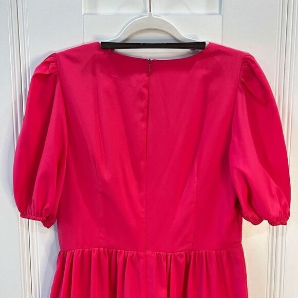 Eliza J Women 10 Hot Pink Surplice Neck Puff Sleeve Fit Flare Mini Dress Pockets - Picture 8 of 13
